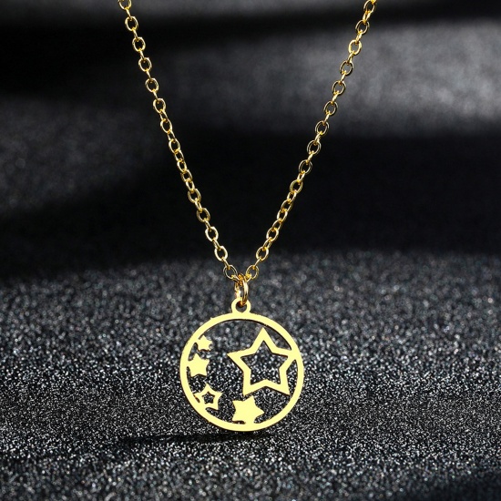 Bild von 304 Edelstahl Stilvoll Gliederkette Kette Halskette Vergoldet Rund Pentagramm Hohl 45cm lang, 1 Strang