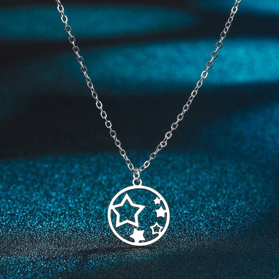Bild von 304 Edelstahl Stilvoll Gliederkette Kette Halskette Silberfarbe Rund Pentagramm Hohl 45cm lang, 1 Strang