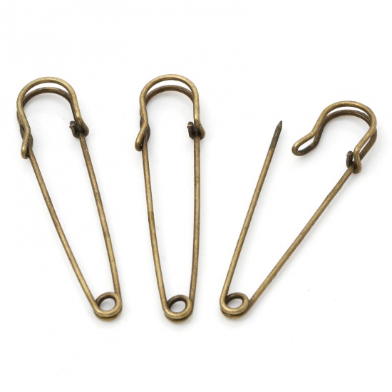 Picture of Iron Based Alloy Safety Pin Brooches Findings Antique Bronze 7cm x 1.7cm, 20 PCs