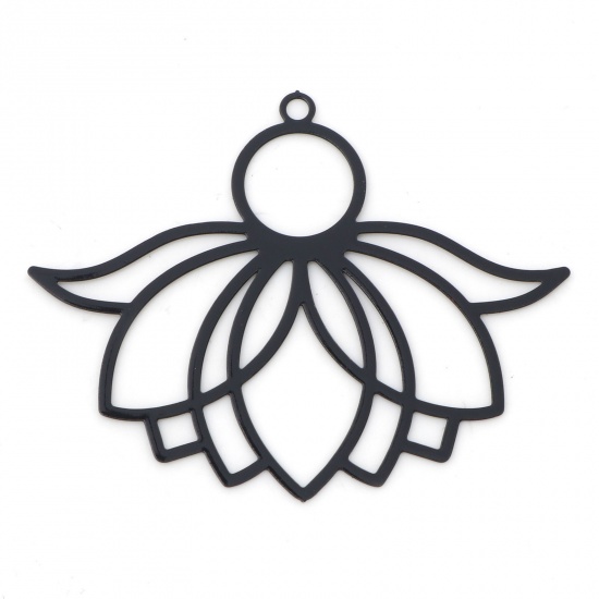 Bild von Legierung auf Eisenbasis, filigrane Prägung, religiöse Anhänger, schwarze Lotusblume, bemalt, 3,9 cm x 3,1 cm, 10 Stück