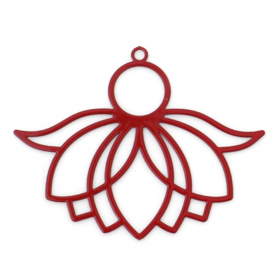 Bild von Legierung auf Eisenbasis, filigrane Prägung, religiöse Anhänger, rote Lotusblume, bemalt, 3,9 cm x 3,1 cm, 10 Stück