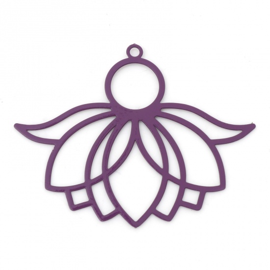 Bild von Legierung auf Eisenbasis, filigrane Prägung, religiöse Anhänger, lila Lotusblume, bemalt, 3,9 cm x 3,1 cm, 10 Stück