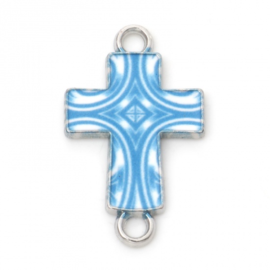 Image de Connecteurs Religieux en Alliage de Zinc Croix Bleu Argent Mat Émail 24mm x 15mm, 20 Pcs