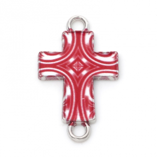 Image de Connecteurs Religieux en Alliage de Zinc Croix Rouge Argent Mat Émail 24mm x 15mm, 20 Pcs