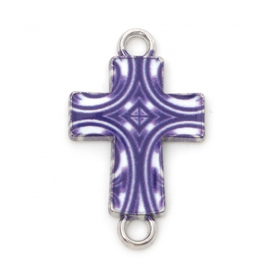 Image de Connecteurs Religieux en Alliage de Zinc Croix Violet Argent Mat Émail 24mm x 15mm, 20 Pcs