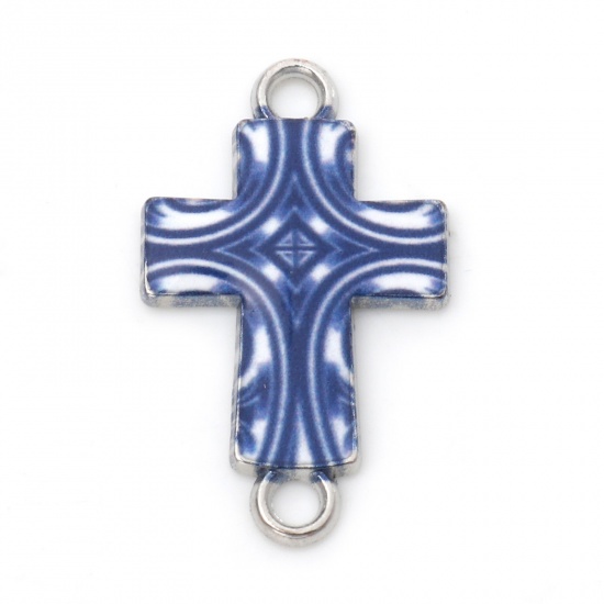 Image de Connecteurs Religieux en Alliage de Zinc Croix Bleu Foncé Argent Mat Émail 24mm x 15mm, 20 Pcs