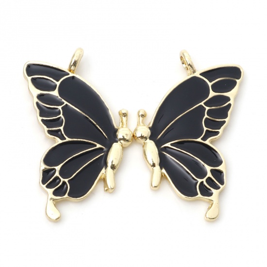 Picture of Zinc Based Alloy Best Friends Pendants Gold Plated Black Butterfly Animal Enamel 3.2cm x 2.1cm, 5 Pairs