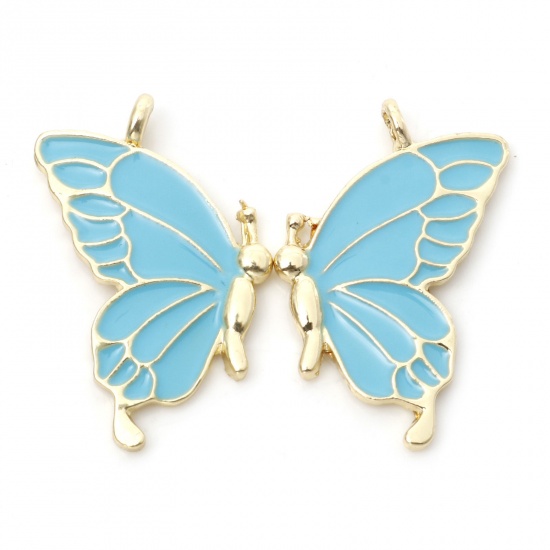 Picture of Zinc Based Alloy Best Friends Pendants Gold Plated Blue Butterfly Animal Enamel 3.2cm x 2.1cm, 5 Pairs