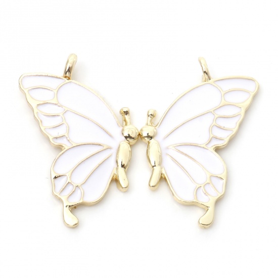 Picture of Zinc Based Alloy Best Friends Pendants Gold Plated White Butterfly Animal Enamel 3.2cm x 2.1cm, 5 Pairs