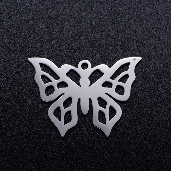Bild von 201 Edelstahl Charms Schmetterling Silberfarbe Hohl 14.5mm x 10mm, 2 Stück
