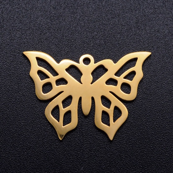 Bild von 201 Edelstahl Charms Schmetterling Vergoldet Hohl 14.5mm x 10mm, 2 Stück
