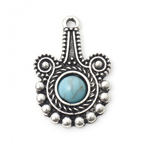 Picture of Zinc Based Alloy Boho Chic Bohemia Charms Antique Silver Color Fan-shaped Carved Pattern With Resin Cabochons Imitation Turquoise 24.5mm x 16.5mm, 10 PCs