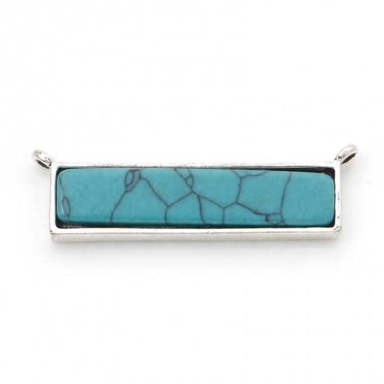 Picture of Zinc Based Alloy Boho Chic Bohemia Connectors Antique Silver Color Rectangle With Resin Cabochons Imitation Turquoise 3cm x 1cm, 5 PCs