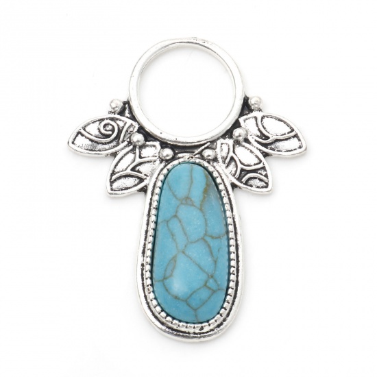 Picture of Zinc Based Alloy Boho Chic Bohemia Charms Antique Silver Color Leaf With Resin Cabochons Imitation Turquoise 4.2cm x 3.2cm, 5 PCs