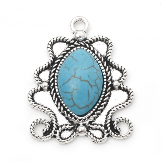 Picture of Zinc Based Alloy Boho Chic Bohemia Charms Antique Silver Color Mirror With Resin Cabochons Imitation Turquoise 3.9cm x 3cm, 5 PCs