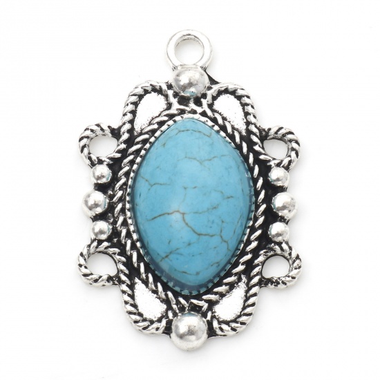 Picture of Zinc Based Alloy Boho Chic Bohemia Charms Antique Silver Color Marquise With Resin Cabochons Imitation Turquoise 3.9cm x 2.6cm, 5 PCs