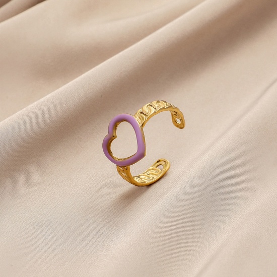 Immagine di 304 Acciaio Inossidabile Elegante Aperto Anello Oro Placcato Colore Viola Cuore Smalto 20mm x 4mm, 1 Pz