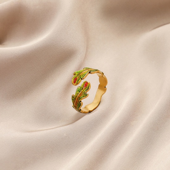 Immagine di 304 Acciaio Inossidabile Elegante Aperto Anello Oro Placcato Multicolore Piuma Smalto 20mm x 5mm, 1 Pz