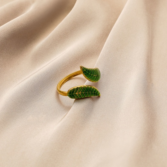 Immagine di 304 Acciaio Inossidabile Elegante Aperto Anello Oro Placcato Verde Foglia Smalto 20mm x 3mm, 1 Pz