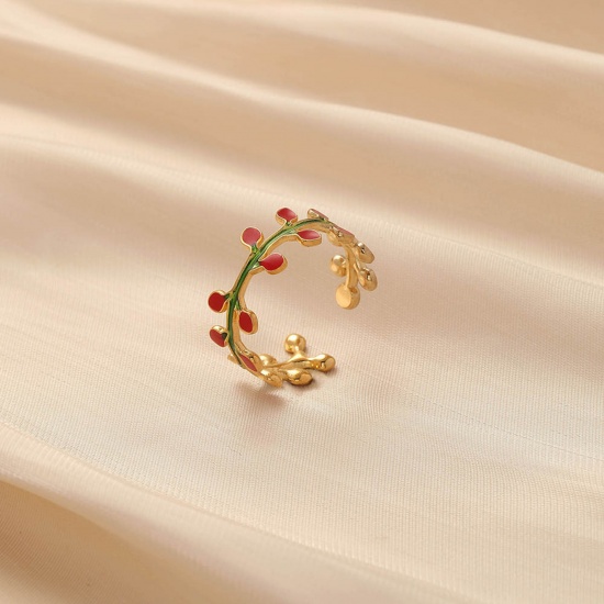 Immagine di 304 Acciaio Inossidabile Elegante Aperto Anello Oro Placcato Rosso & Verde Pianta Rampicante Smalto 18mm x 9mm, 1 Pz