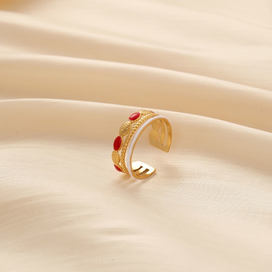 Immagine di 304 Acciaio Inossidabile Elegante Aperto Anello Oro Placcato Rosso Conchiglia Smalto 19mm x 7mm, 1 Pz