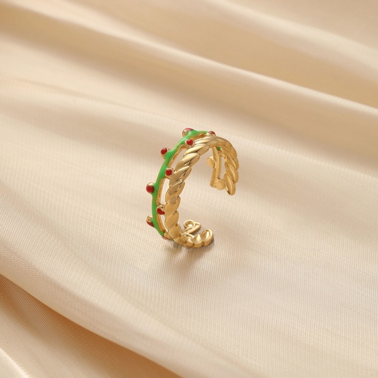 Immagine di 304 Acciaio Inossidabile Elegante Aperto Anello Oro Placcato Rosso & Verde Vite Fiore Smalto 18mm x 7mm, 1 Pz