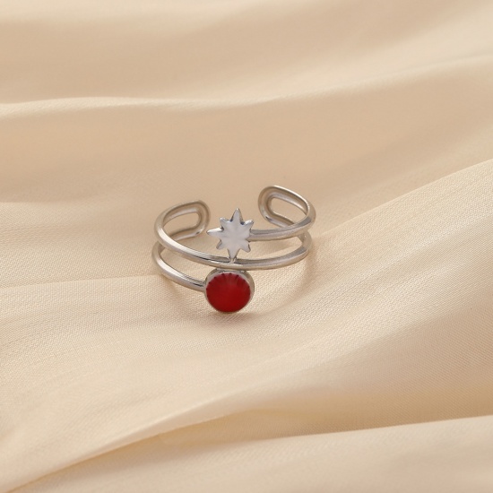 Immagine di 304 Acciaio Inossidabile Elegante Aperto Anello Tono Argento Bianco & Rosso Stella Smalto 19mm x 5mm, 1 Pz