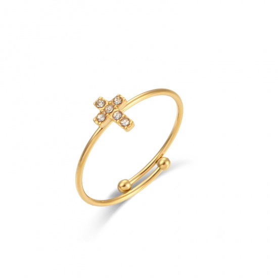 Bild von 304 Edelstahl Offen Verstellbar Ring 18K Gold plattiert Kreuz Transparent Strass 17.3mm（US Größe:7), 1 Stück