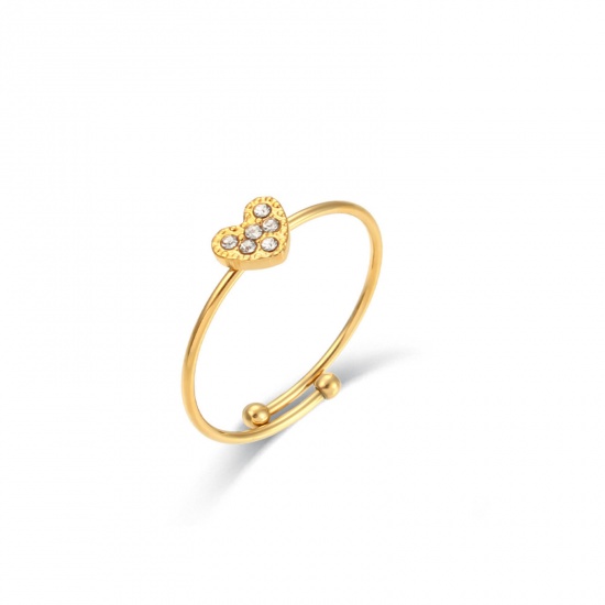 Bild von 304 Edelstahl Offen Verstellbar Ring 18K Gold plattiert Herz Transparent Strass 17.3mm（US Größe:7), 1 Stück