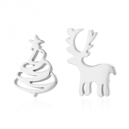 Bild von 304 Edelstahl Asymmetrische Ohrringe Silberfarbe Weihnachten Weihnachtsbaum Weihnachten Rentier Hohl 8mm D., Drahtstärke: (20 gauge), 1 Paar