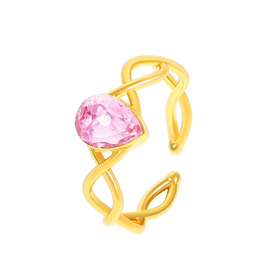 Picture of Copper Wedding Open Adjustable Rings Braided Drop 14K Gold Plated Pink Cubic Zirconia 17mm(US Size 6.5), 1 Piece