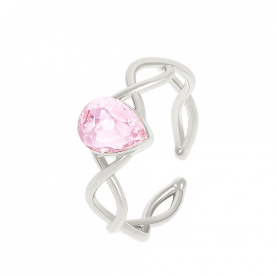 Picture of Copper Wedding Open Adjustable Rings Braided Drop Silver Tone Pink Cubic Zirconia 17mm(US Size 6.5), 1 Piece