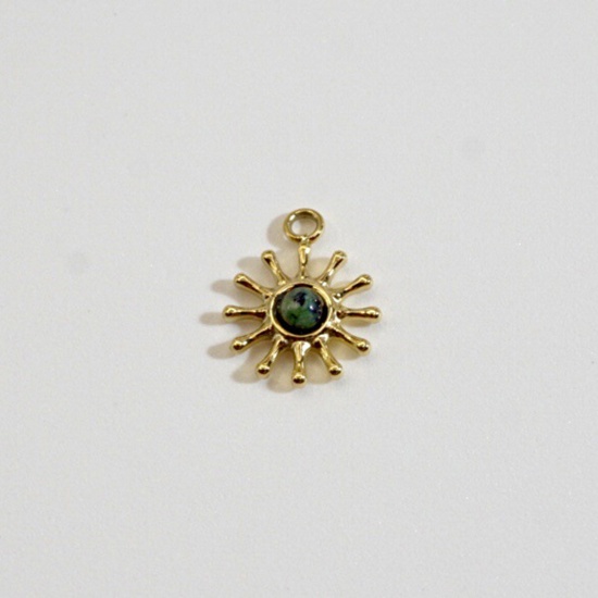 Picture of 304 Stainless Steel Charms 14K Gold Plated Green Sun 11mm x 14mm, 1 Piece