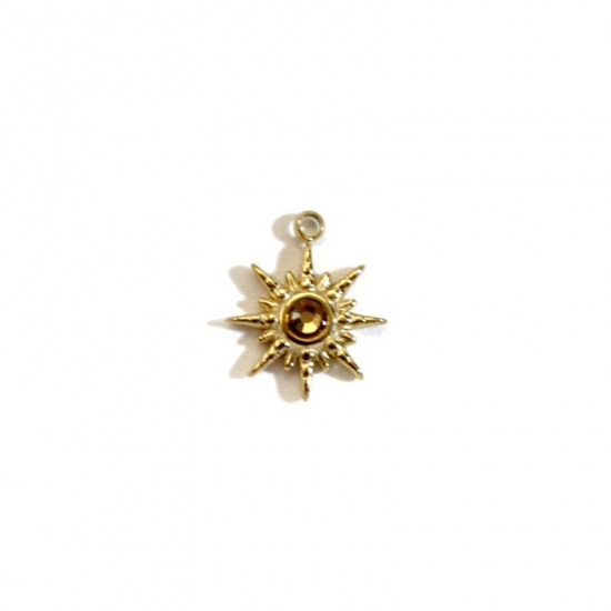 Picture of 304 Stainless Steel Charms 14K Gold Plated Star Champagne Rhinestone 10mm x 12mm, 1 Piece