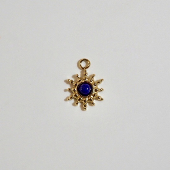 Picture of 304 Stainless Steel Charms 14K Gold Plated Blue Sun 9.5mm x 13.5mm, 1 Piece
