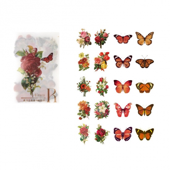 Bild von PET Insekt DIY Scrapbook Sticker Aufkleber Rot Schmetterling Blumen 6cm x 4cm, 1 Set ( 40 Stück/Set)