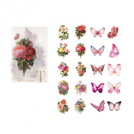 Immagine di PET Insetto DIY Decorazione Di Scrapbook Adesivi Rosa Farfalla Fiore 6cm x 4cm, 1 Serie ( 40 Pz/Serie)