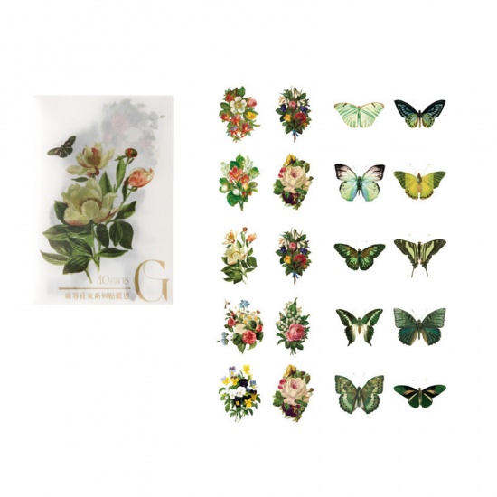 Imagen de PET Insecto DIY Pegatinas Verde Mariposa Flor 6cm x 4cm, 1 Juego ( 40 Unidades/Juego)