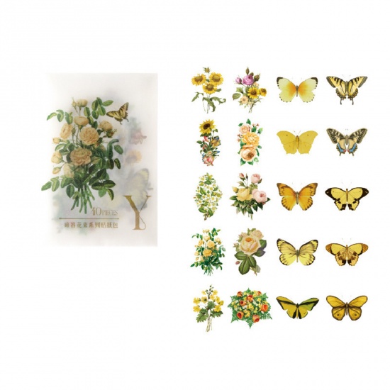 Bild von PET Insekt DIY Scrapbook Sticker Aufkleber Gelb Schmetterling Blumen 6cm x 4cm, 1 Set ( 40 Stück/Set)