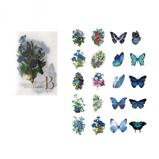 Bild von PET Insekt DIY Scrapbook Sticker Aufkleber Blau Schmetterling Blumen 6cm x 4cm, 1 Set ( 40 Stück/Set)