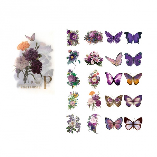 Imagen de PET Insecto DIY Pegatinas Púrpura Mariposa Flor 6cm x 4cm, 1 Juego ( 40 Unidades/Juego)