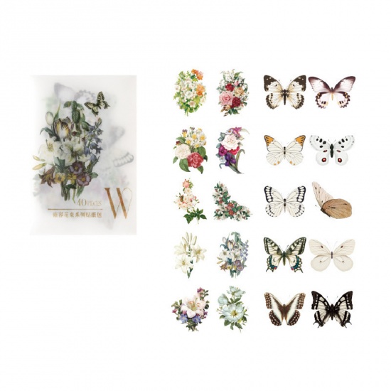 Bild von PET Insekt DIY Scrapbook Sticker Aufkleber Weiß Schmetterling Blumen 6cm x 4cm, 1 Set ( 40 Stück/Set)