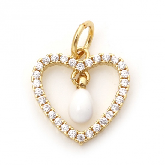 Bild von Kupfer Valentinstag Charms Vergoldet Weiß Herz Tropfen Emaille Klar Kubischer Zirkon 16mm x 12mm, 1 Stück