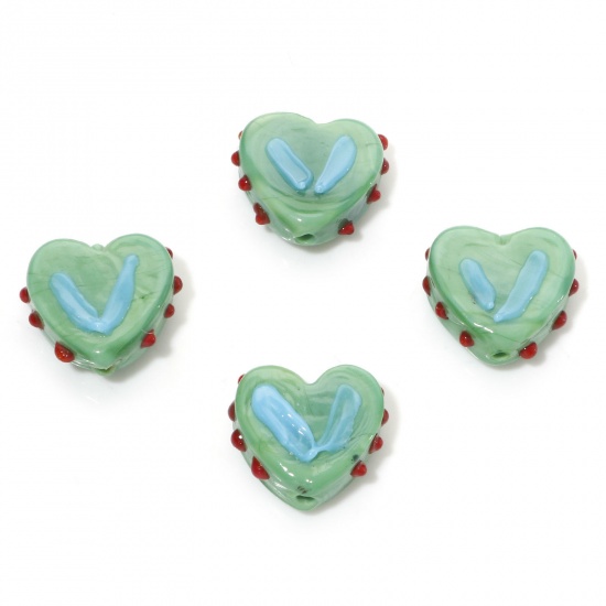 Bild von Muranoglas Valentinstag Perlen Herz Grün Punkt ca 17mm x 15mm, Loch:ca. 1.5mm, 5 Stück
