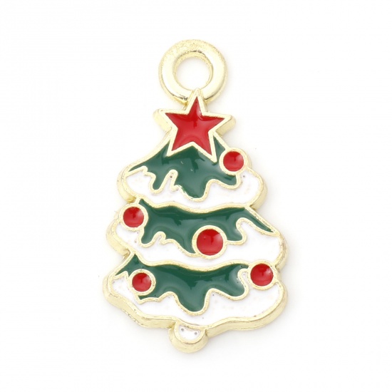 Imagen de Zamak Colgantes Charms Árbol de Navidad Chapado en Oro Rojo & Verde Estrellas de cinco puntos Esmalte 26mm x 15mm, 10 Unidades