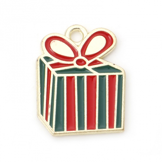 Imagen de Zamak Colgantes Charms Caja de regalo de Navidad Chapado en Oro Rojo & Verde Esmalte 19mm x 15mm, 10 Unidades