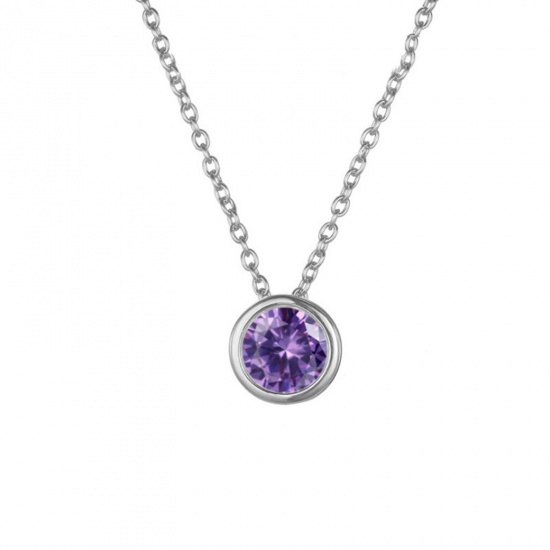 Bild von 316 Edelstahl Monatsstein Gliederkette Kette Halskette Silberfarbe Rund Februar Violett Strass 38cm lang, 1 Strang