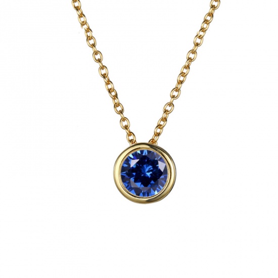 Bild von 316 Edelstahl Monatsstein Gliederkette Kette Halskette 14K Gold plattiert Rund September Saphirblau Strass 38cm lang, 1 Strang