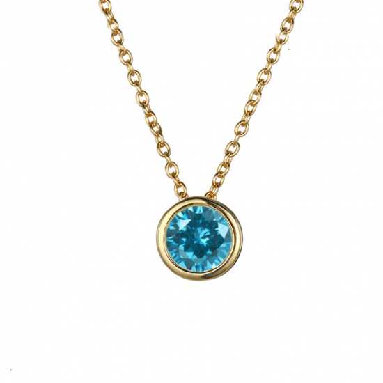 Bild von 316 Edelstahl Monatsstein Gliederkette Kette Halskette 14K Gold plattiert Rund Dezember Hellblau Strass 38cm lang, 1 Strang
