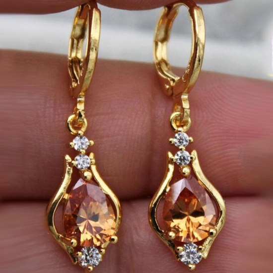 Bild von Kupfer Stilvoll Ohrring Vergoldet Tropfen Sektfarben Kubisch Zirkonia 3.2cm x 0.9cm, 1 Paar